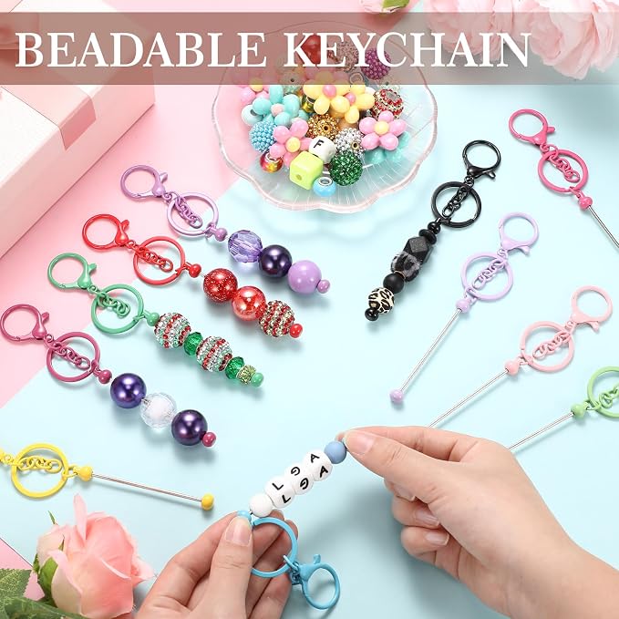 Tondiamo 12 Pcs Beadable Keychains Bars Bulk Blank Beaded Metal Keychain for Craft DIY Gift