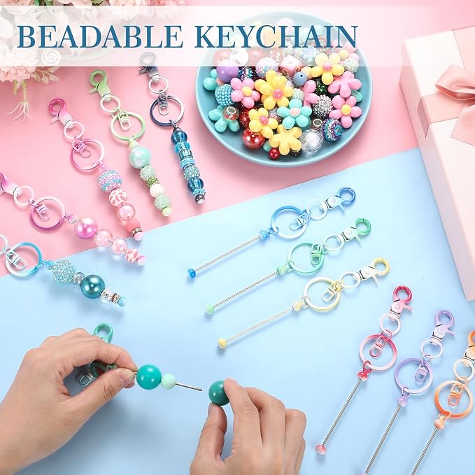 Tondiamo 12 Pcs Beadable Keychains Bars Bulk Blank Beaded Metal Keychain for Craft DIY Gift