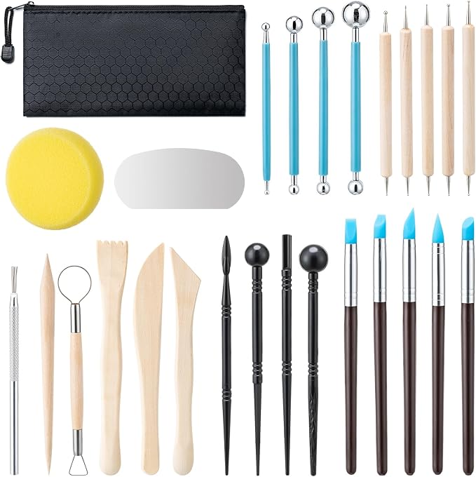 Amrules 27 Pcs Polymer Clay Sculpting Tools Kit for Adults, Light Yellow | Multi-Functional for Carving, Dotting & Molding, Ideal for Art Class & Pottery Studio, Comes with Zipper Storage Bag
