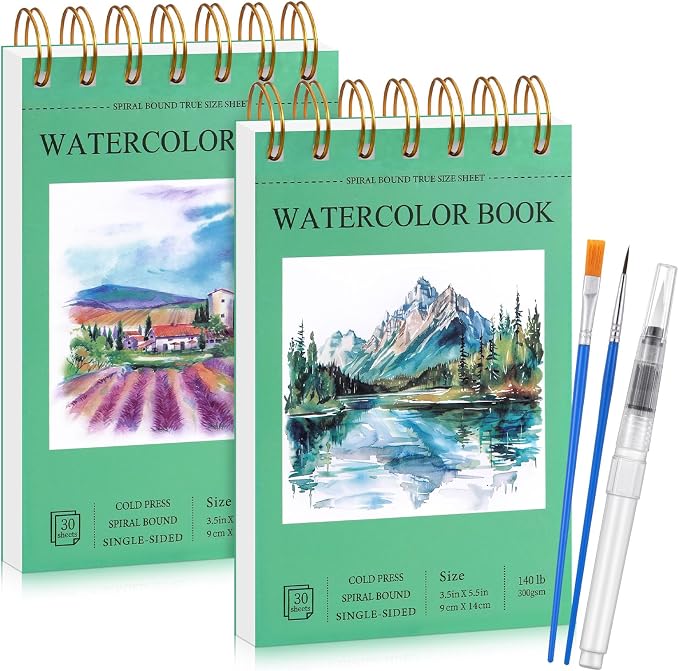 2 Small Watercolor Sketchbook with Watercolor Brushes, 3.5" x 5.5"