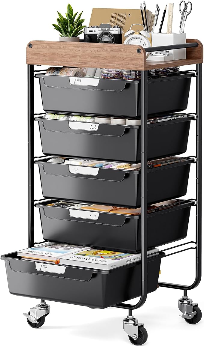 SYKIARIOL Utility Cart with 5 Labeling Drawers and Wooden Tabletop,Black | Rolling Storage Cart for Crafters, Artists, Kids, Teachers, and Students – Organize Arts, Crafts, Sewing & Study Supplies