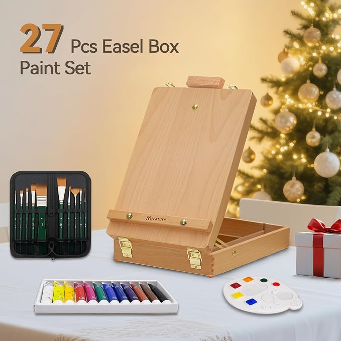 Art Supplies 27 Pcs Art Set with Portable Adjustable Tabletop Easel | Easel Set with 12 Colors Acrylic Paint, 10 Paint Brushes, 3 Canvas Panels, Palettes, Gift for Student Artist Beginner