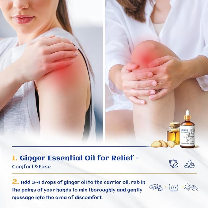 HIQILI Ginger Essential Oil 3.38 Fl Oz, for Massage, Diffuser, Large Bottle with Dropper & Gift Box -100ml