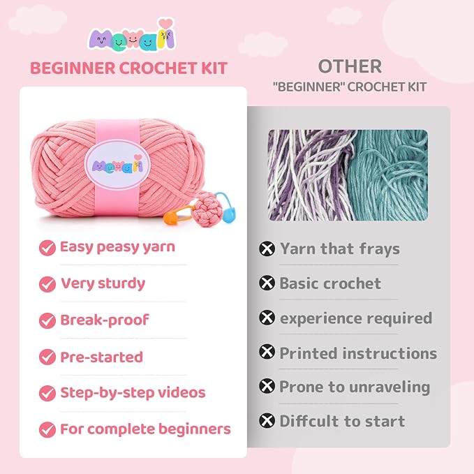 Mewaii Strawberry Cow Crochet Kit for Beginners, 40% Extra Yarn | Video Tutorial, Pre-Started Piece, Gift Box, Level 1 Starter Kit, Family Craft for Adults, Kids & Beginners