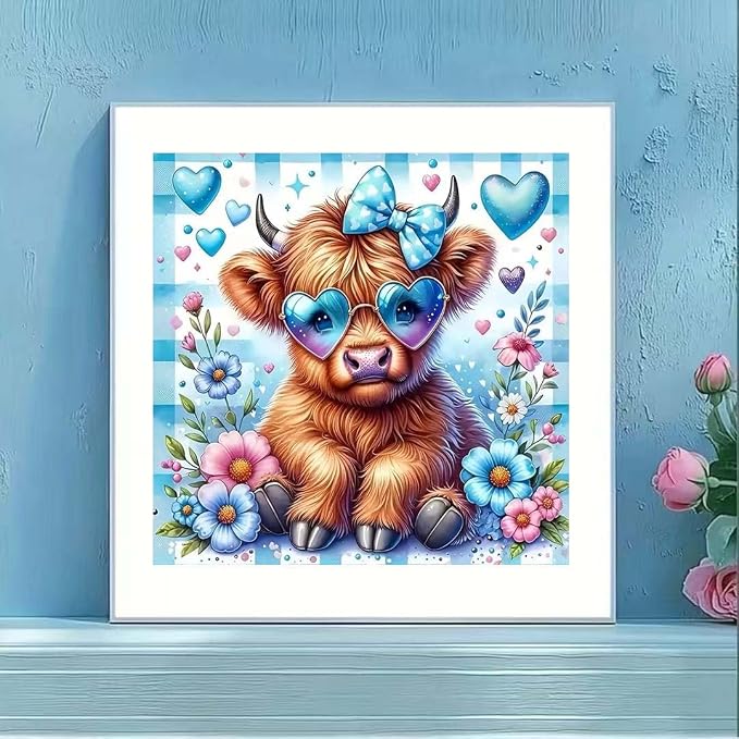 OJTOYART 5D Diamond Art Kits for Adults Beginners,Highland Cow DIY Full Round Drill Diamond Painting Kits, Animals Paint by Diamonds Dots Gem Art,Home Wall Decor 13.79 X 13.79 Inch
