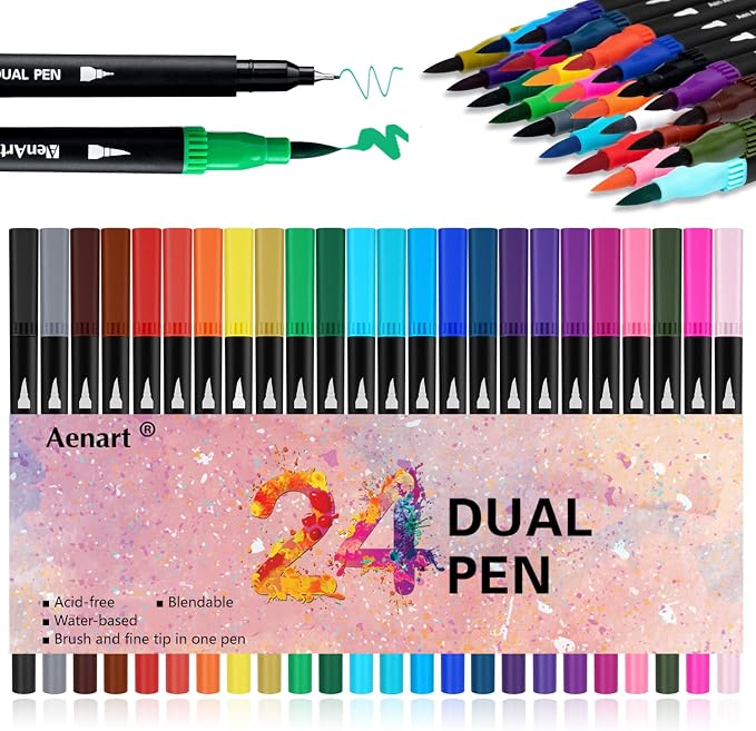 Dual Brush Markers for Adult Coloring Books, 24 Colored Fine Point Marker | Colored Double-Tip Pens for Note taking Planner Hand Lettering Calligraphy Drawing Journaling