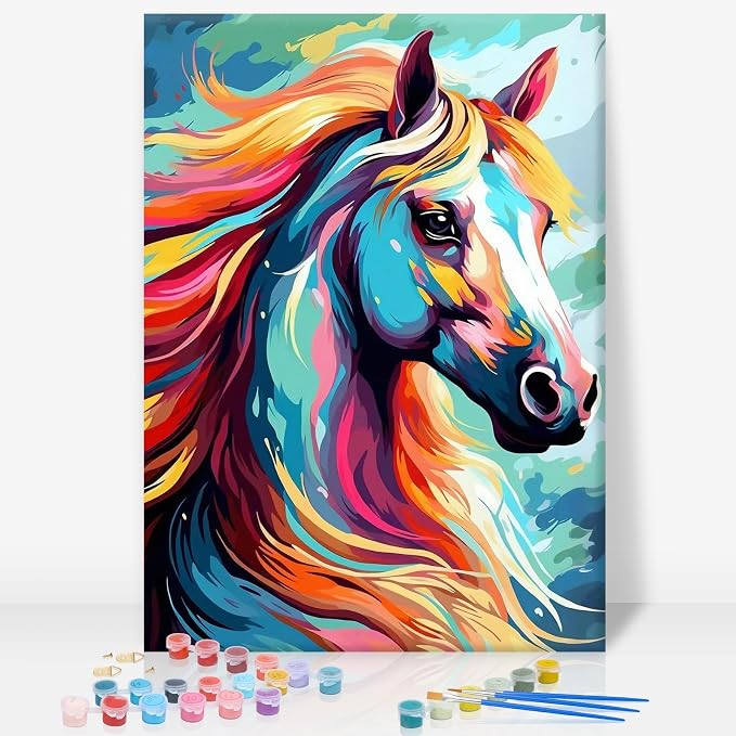GEEHEIY Framed Paint by Numbers Kit for Adults, Colorful Horse, 8 x 12 Inch | DIY Adult Paint by Number Kit for Beginners, Horse Wall Decor, Stress Relief Craft Gift, Creative Hobby