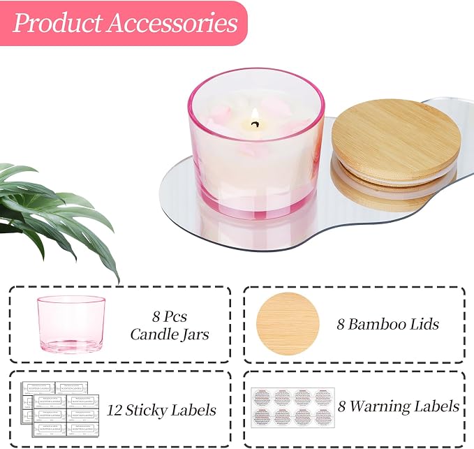CONNOO 8 Pack 12 OZ Pink Glass Wide Mouth Candle Jars