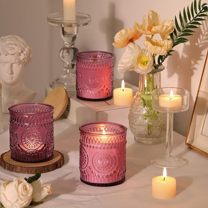 DARJEN 10 Pcs 8oz Glass Candle Jars with Lids, Candle Tins-Purple | Premium Thick Glass, Secure Wooden Lids- Candle Jars for DIY Candle Making, Stunning Sunflower Design