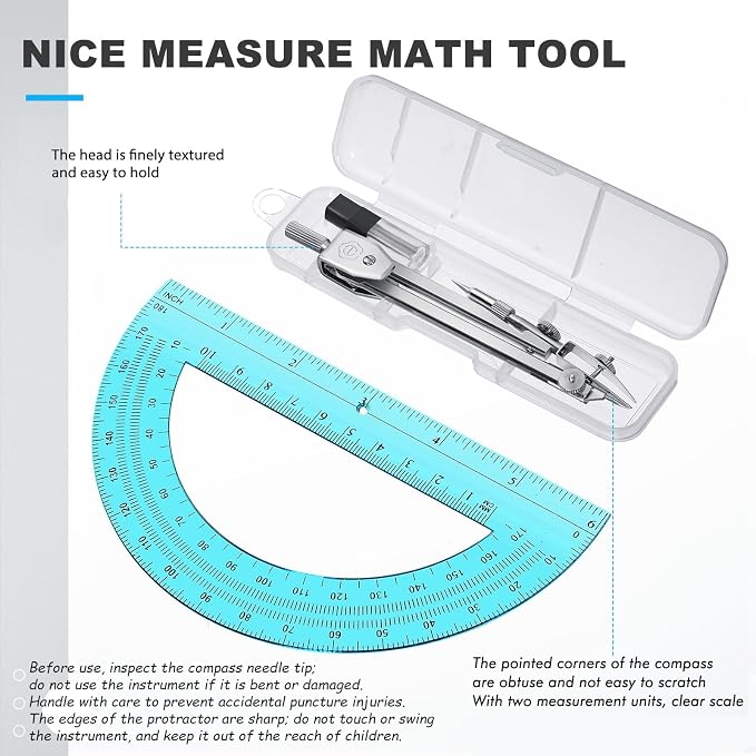 EBOOT Drawing Compass and 6 in Protractor Geometry Set, Blue | Geometry Math Set, Swing Arm Protractor Ruler Compass, Geometry Drawing Tools for Measuring Angles