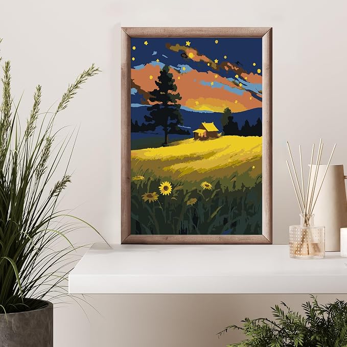 Framed Paint by Numbers Kit for Adults Beginner, Starry Night Easy Adult Paint by Number Kits on Canvas, DIY Acrylic Watercolor Landscape Oil Paint by Number for Adults for Home Decor Gift 8x12 Inch
