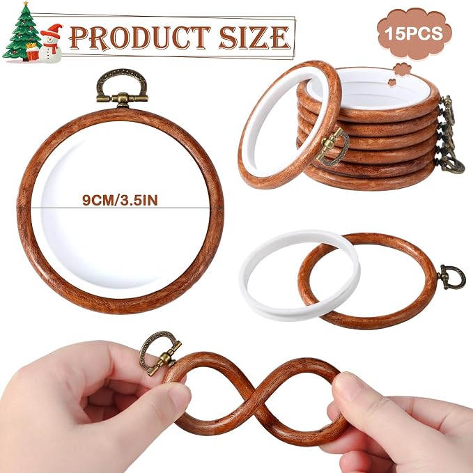 Burbell 15 Pcs Embroidery Hoops Round Wood Frame Cross Stitch,3 Inch | Small Display Frame Ornaments, Imitated Wood with Metal Hooks, DIY Crafts Sewing Hanging Gifts, Christmas Decor Supplies