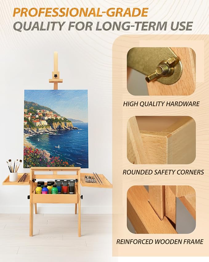 Painting Art Easel with Storage, 57"-72" Height Adjustable Easel Stand | Foldable beech wood easel with drawer trays,H-frame artist easel stand for painting,Wooden floor easel holds canvas up to 36"