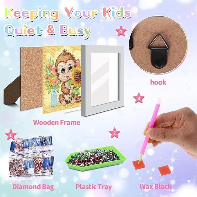 ajepon Monkey Diamond Art Kits for Kids with Frame, Animal Diamond Art for Kids Ages 8-12, Monkeys Diamond Painting Kits for Kid with Beautiful Package for Gift Home Wall Decor (7x7inch)