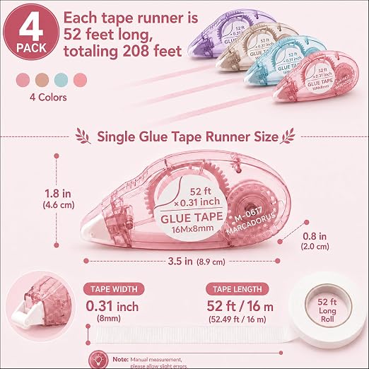 MARCADORUS Glue Tape Roller, Double Sided Tape Scrapbook 4 Pack Extra Long | 52Ft x 0.31In Per Roller, Clean Adhesive for Photos, Scrapbooking, Journaling, Card Making, Paper Crafts & Teacher Supplies