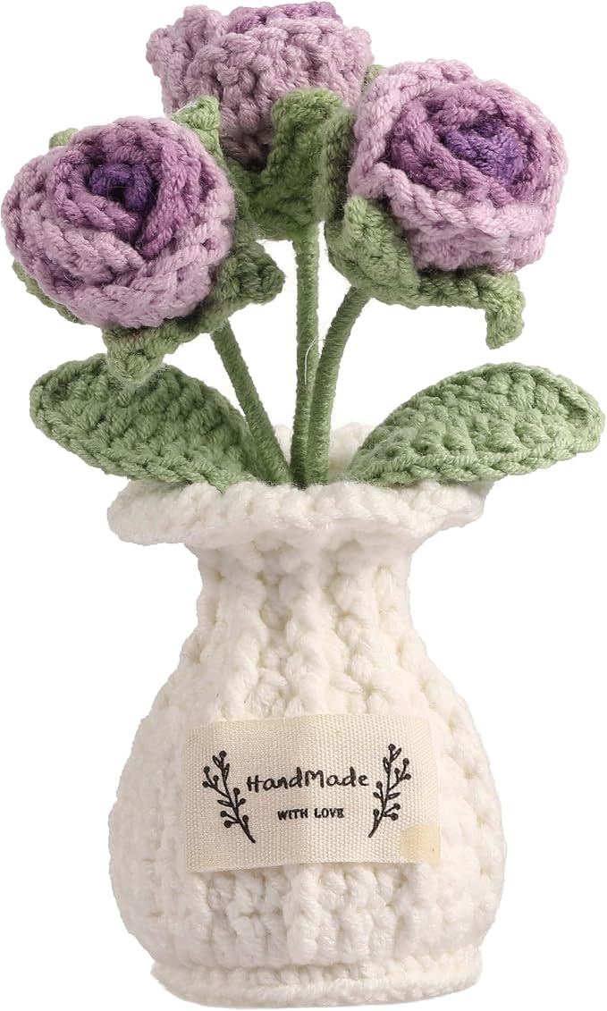 Crochet Rose Flower Potted Plant – Purple, Valentines Day Gift for Her, Handmade Knitted Romantic Desk Decor