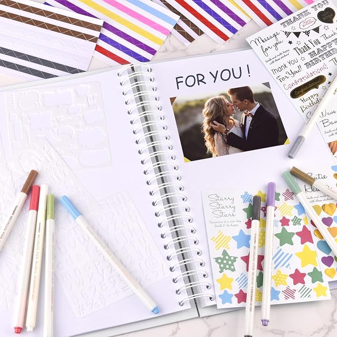 GOTIDEAL 12 x 12 Inch Scrapbook Album with 10 Metallic Markers, White | 80 Pages Craft Paper Photo Album for Wedding and Anniversary, Family DIY Photo Album with Scrapbooking Stickers Corners