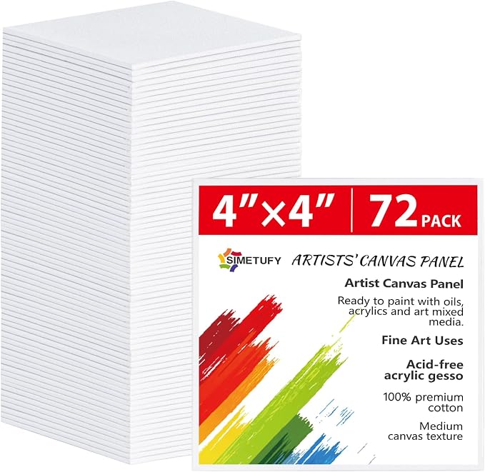 Simetufy 72 Pcs 4x4inch Mini Canvas Boards for Painting, Square Art Panels | 100% Cotton Primed Acid Free Blank for Oil,Watercolor,Acrylic Paint, Collage Art Projects