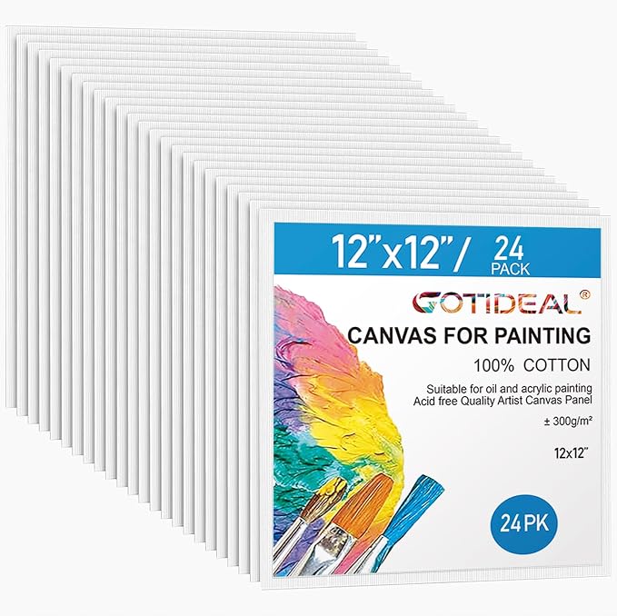 Gotideal Canvas for Painting, 24pcs 12x12 Primed Bulk Painting Canvas Board | for Kids and Adults, White Blank Canvas Panels for Acrylic Paint, Oil, Pour Art Supplies