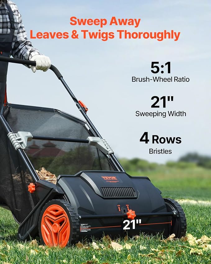 VEVOR Push Lawn Sweeper 21" Leaf & Grass Collector 3.5 cu. ft. Hopper Bag