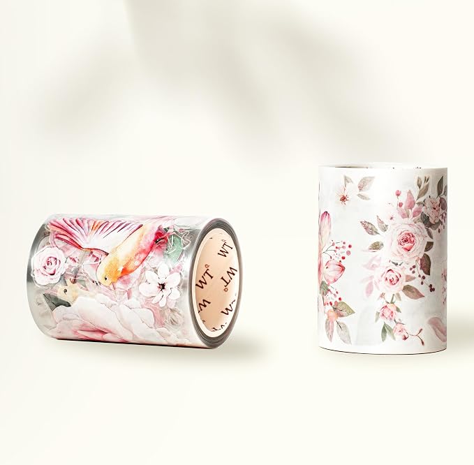 WT Pre-Cut Pink Velvet Wide PET Tape, Single Roll, Original Designs, Transparent Floral Adhesive, Durable Decorative Clear Tape for Journaling, Scrapbook, Planner, DIY Crafts, Bujo Supplies, 60mm×5m