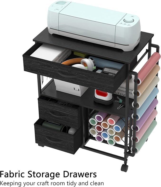 VENNQD Storage Cart Compatible with Cricut Machines Stand Cutting Machine Stand with Drawers and Vinyl Roll Holder Rolling Craft Cabinet Table for Cricut Craft Workstation for cart Craft Room (Black)