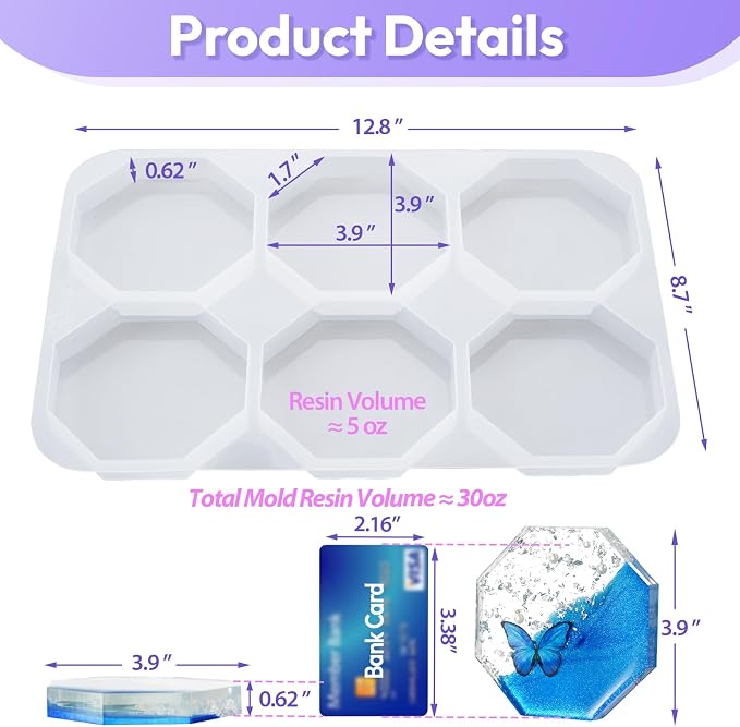 HeyClear Coaster Resin Molds Silicone, 6-Cavity Octagon Epoxy Resin Mold | for Crafts DIY Tray, Cup Coasters, Flower Bouquet Preservation, Resin Art, Home Decoration, Flexible, Easy to Clean & Demold