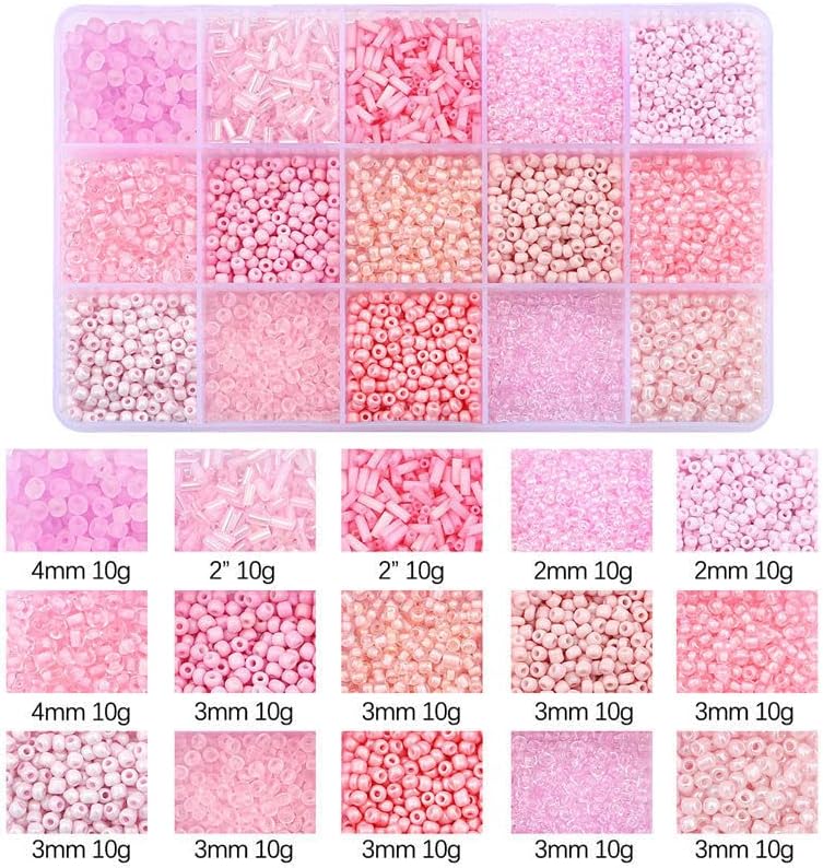 15 Grid Pink Glass Seed Bugle Tube Beads Kit for Jewelry Making DIY Craft