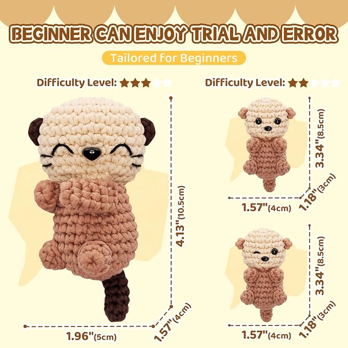 Mewaii Crochet Kit for Beginners, 3 Pack Sea Otter Craft Set | 40% Extra Yarn, Video Tutorial, Pre-Started Piece, Beginner Friendly, Family Craft Gift for Adults & Kids