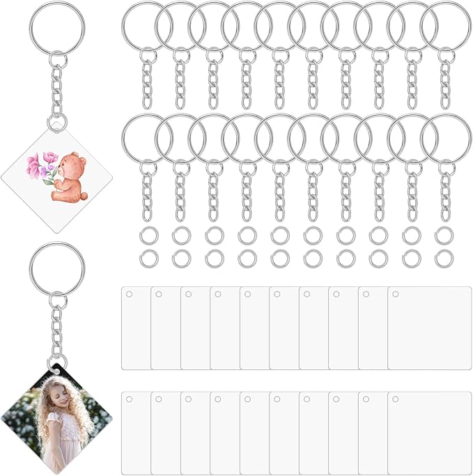 Acrylic Keychain Blanks Set Including 20Pcs Square Clear Acrylic Blanks with Hole 20 Key Chain Rings and 20 Open Jump Rings Clear Ornament Blanks for Keychains DIY Craft Jewelry Labels Gifts Packaging