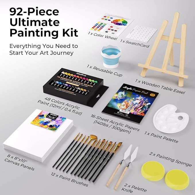 Nicpro 92PCS Acrylic Paint Canvas Set for Adults with 48 Paint for Artist | Acrylic Paints, Table Easel, 8 Canvas Panels, 12 Brushes, Paper Pad, Cleaning Cup, Sponge, Palette, Art Painting Supplies Kit