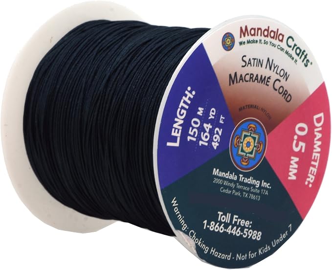 Mandala Crafts 0.5mm Black Rattail Nylon Satin Cord for Jewelry Making