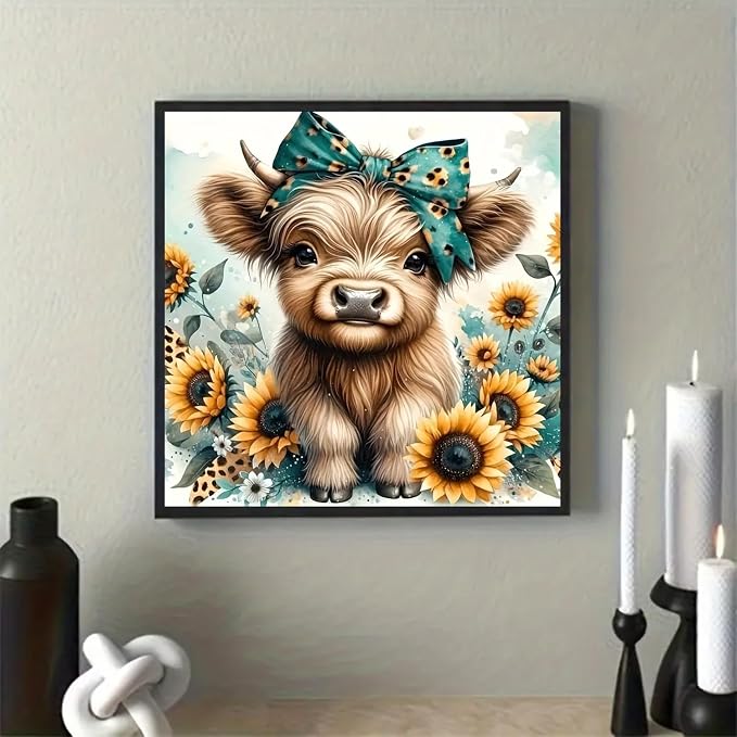 Diamond Art Painting Kits for Adults, Cow 5D Diamond Painting Dots Art Kits | DIY Highland Cow Full Round Gem Crystal Art paint by Diamond, Home Wall Decor 12 x 12 In