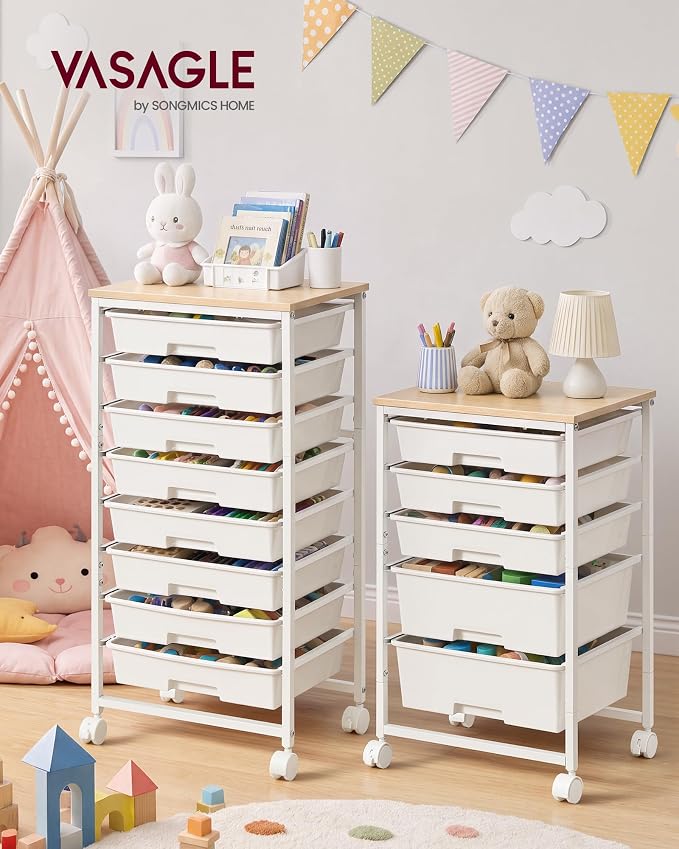 VASAGLE Rolling Cart with Drawers,5 Drawers Storage Cart, White