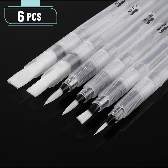 Mr. Pen- Watercolor Brush Pens, 6 pcs | 3 x Point Tips and 3 x Flat Tips Styles, Nylon Bristles, Refillable Watercolor Pens for Acrylic, Gouache, Crayons