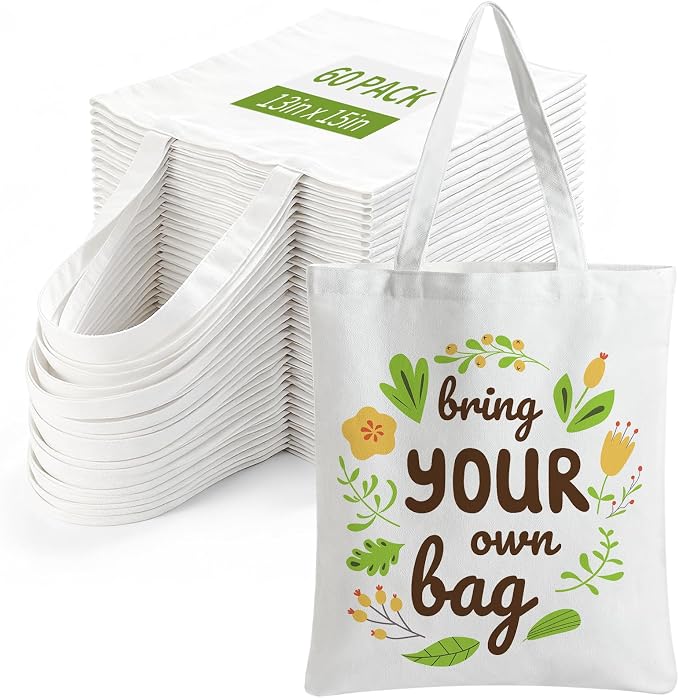 60-Pack Sublimation Blanks Tote Bags, White Canvas Bags for DIY Gifts | Reusable grocery shopping totes, heat transfer & HTV ready, personalized gifts for Women, Men, advertising, Party Shopping