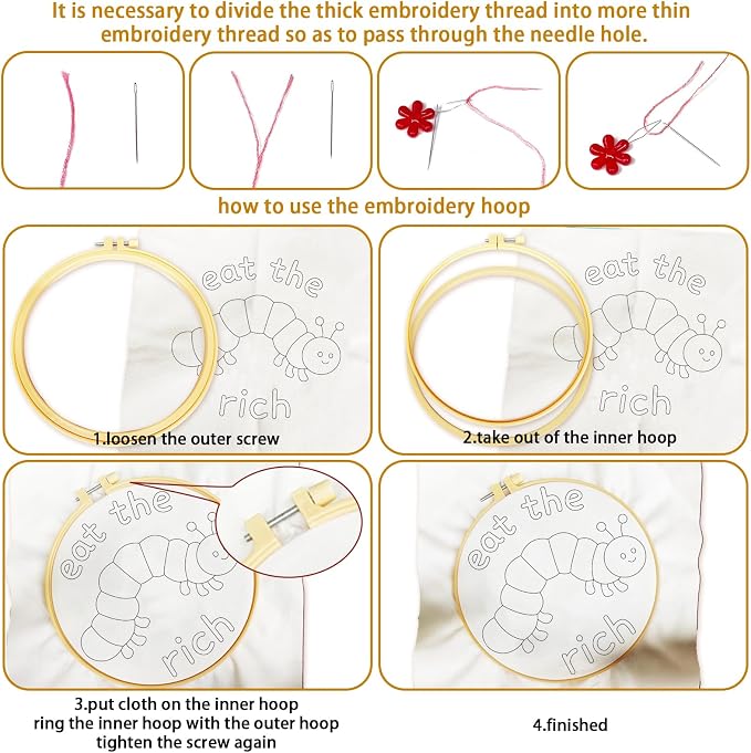 BEUNITONE 4 Set Embroidery Kits for Beginners with Easy Caterpillar Pattern, DIY Craft Kits Include Instructions and 2 Embroidery Hoops, Cross Stitch Needlepoint Kits for Craft Lover and Home Decor
