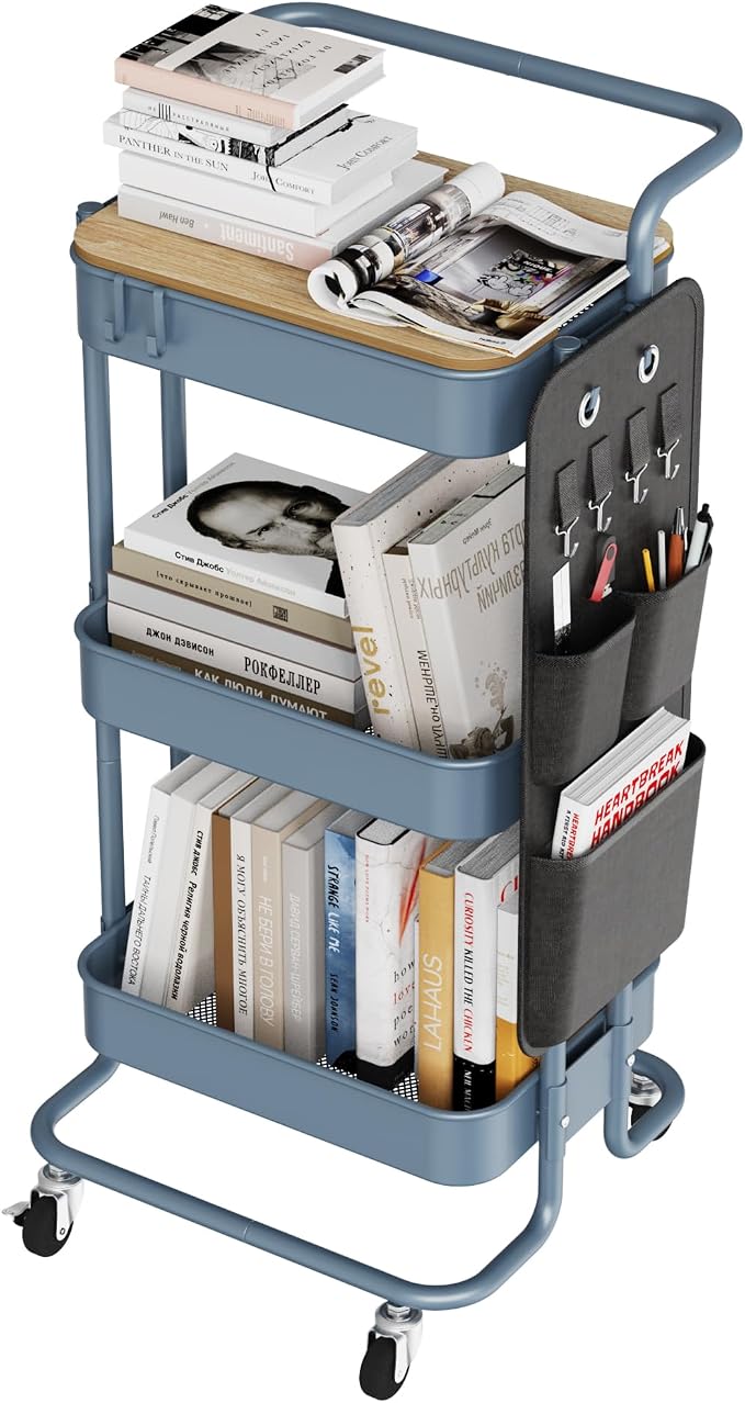 DTK 3-Tier Rolling Cart with Table Top, Metal Utility Cart with Side Bags