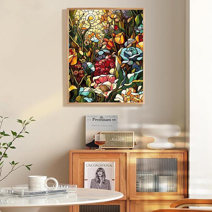 Stained Glass Flowers Paint by Numbers Kit for Adults Beginner 16x20 Inch | DIY Acrylic Painting by Numbers Flower, Without Frame Canvas, Stress Relief Craft Kits, For Home Decor Gift
