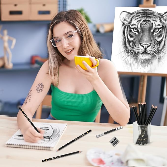 21pc Drawing Sketching Pencil Set Graphite 14B-5H & Charcoal Pencils | Professional Drawing & Sketch Pencil Set, White Charcoal Included, Shading & Blending, for Beginners & Artists