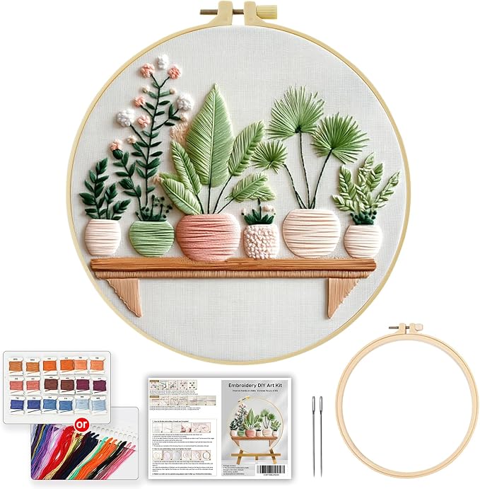 Full Range Embroidery Kit for Adult, Green Plant Pattern Embroidery Kit for Beginners Include Embroidery Cloth Hoops Threads for Craft Lover Hand Stitch with Embroidery Skill Techniques (Plant1)