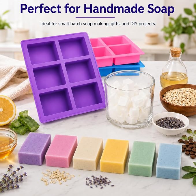 3 Pack Rectangle Silicone Soap Molds, 18 Cavities Total, 6 Cavity Soap Making Mold for Melt and Pour Soap, Homemade Soap Bars, Pudding, Jelly, Brownies, Chocolate, Easy Release Silicone Baking Mold