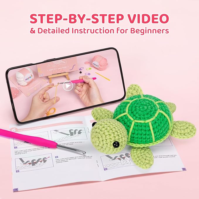 Mewaii Green Sea Turtle Crochet Kit for Beginners, 40% Extra Yarn | Video Tutorial, Pre-Started Piece, Gift Box, Level 1 Starter Kit, Family Craft for Adults, Kids & Beginners