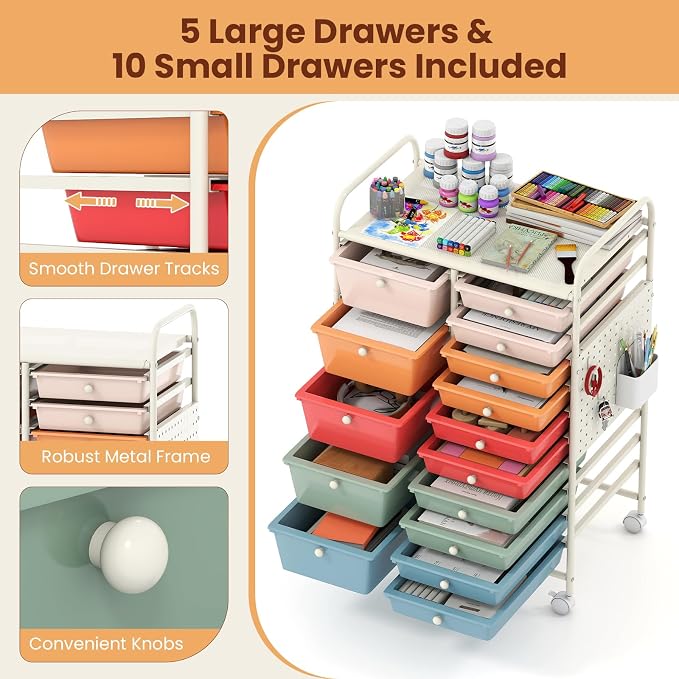 Giantex 15 Drawer Storage Cart, Rolling Craft Cart with Metal Tabletop & Pegboard, Mobile Utility Organizer Trolley with Locking Wheels, Home Office, Classroom, Teacher Supplies, Macaron Multicolor