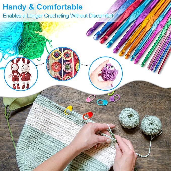 Vodiye 14 Sizes Crochet Hooks Set 2.0–10.0mm, Colorful Metal Crochet Needles, Ergonomic for Comfortable Crocheting