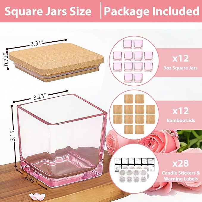 CONNOO 12 Pack 9oz Pink Glass Square Candle Jars with Bamboo Lids