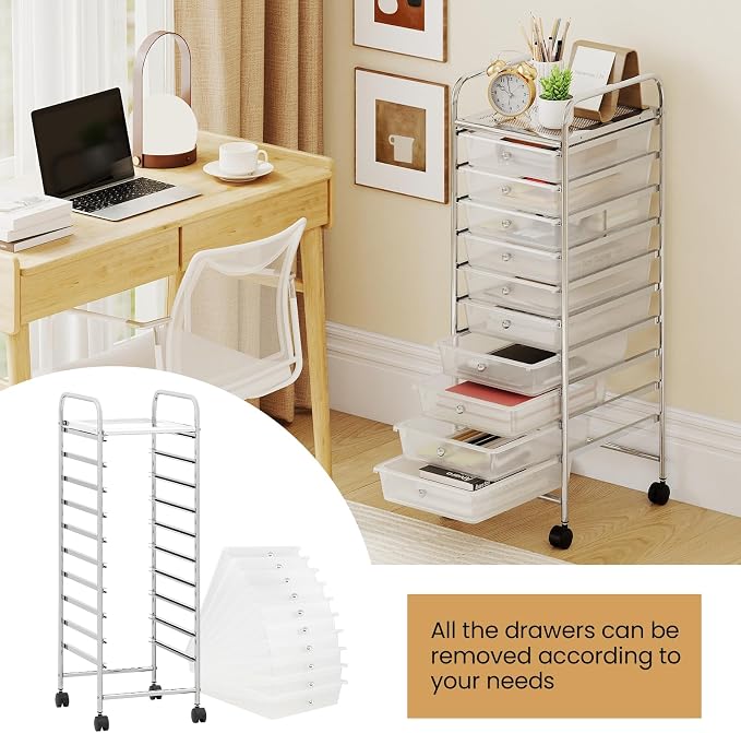 Giantex Rolling Storage Cart with 10 Drawers, Utility Cart with Tabletop, Drawer Organizer with Wheels for Craft Art Paper Tool, Mobile Organization & Sorting for Office Home School School Supplies