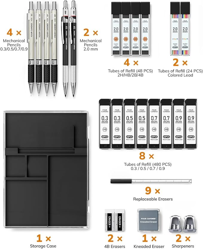 Four Candies 27PCS Metal Mechanical Pencil Set, Art Supplies with Case | 0.3, 0.5, 0.7, 0.9 mm & 2PCS 2mm (HB 2H 2B 4B Color) with 552 Lead Refills, Technical Drafting Drawing Kit for Teen & Adults