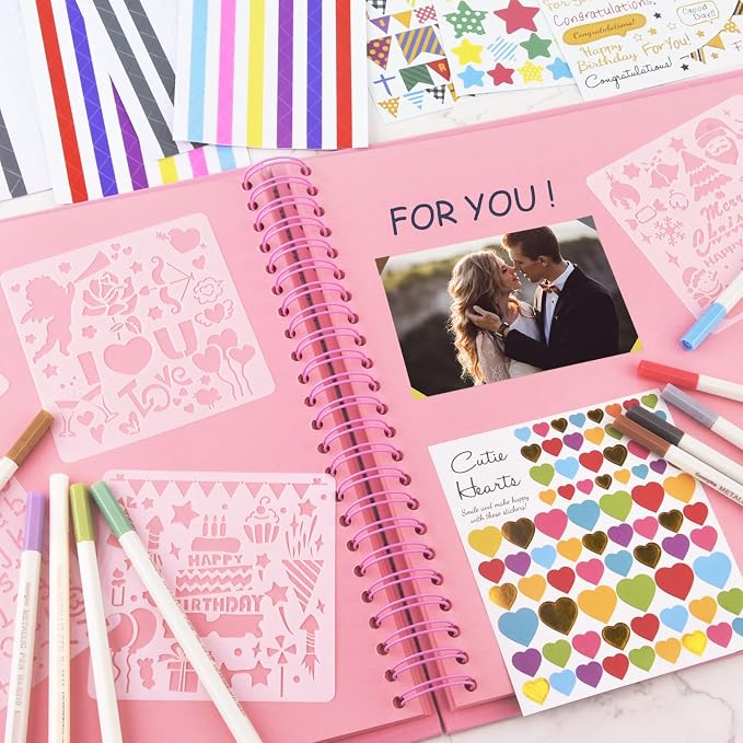 GOTIDEAL 12 x 12 Inch Scrapbook Album with 10 Metallic Markers, Pink | 80 Pages Craft Paper Photo Album for Wedding and Anniversary, Family DIY Photo Album with Scrapbooking Stickers Corners