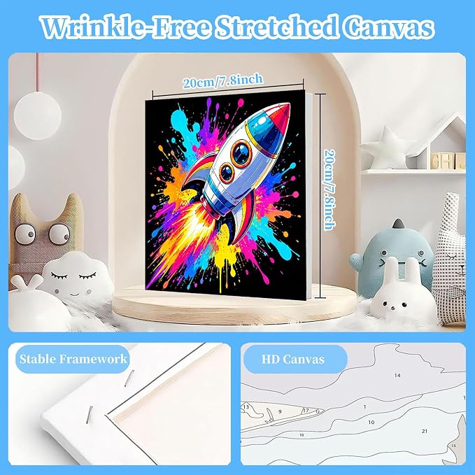 Arttoplus 4 Pack Paint by Numbers Kit for Kids with Frame Spaceship 8x8in | Cool Spaceship Kids Paint by Numbers Ages 4-8-12 with Wooden Easel, Outer Space Easy Painting by number for Gift Home Decor